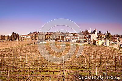 View of Custoza surrounded by the vineyards. Stock Photo