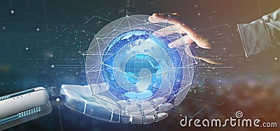 Cyborg hand holding a Connected network over a earth globe concept on a futuristic interface - 3d rendering Stock Photo