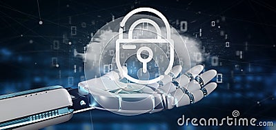 Cyborg holding a Binary cloud with internet security padlock 3d rendering Stock Photo
