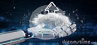 Cyborg holding a Binary cloud with upload internet arrow 3d rend Stock Photo