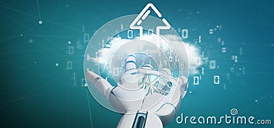 Cyborg holding a Binary cloud with upload internet arrow 3d rendering Stock Photo