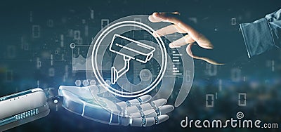 Cyborg holding Security camera system icon and statistics data - 3d rendering Stock Photo