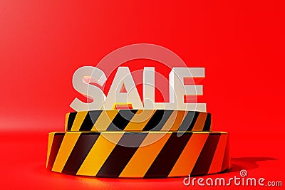 View of the 3D-rendered sale icon over the yellow-striped display Stock Photo