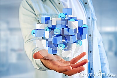 3d rendering blue and white cube on a futuristic interface Stock Photo