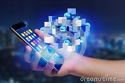 3d rendering blue and white cube on a futuristic interface Stock Photo