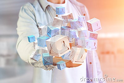 3d rendering blue and white cube on a futuristic interface Stock Photo