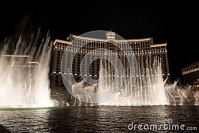 View of dancing fountain at luxurious Bellagio Hotel and Casino during night Editorial Stock Photo