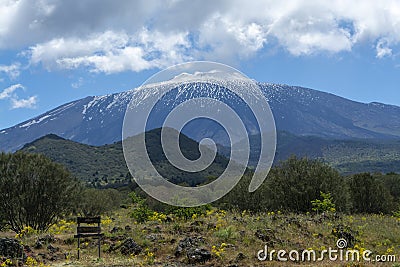 View on dangerous active stratovolcano Mount Etna on east coast of island Sicily, Italy Stock Photo