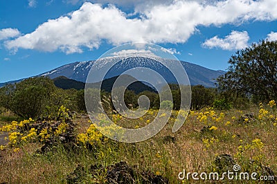 View on dangerous active stratovolcano Mount Etna on east coast of island Sicily, Italy Stock Photo