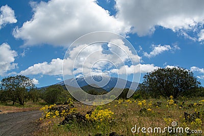 View on dangerous active stratovolcano Mount Etna on east coast of island Sicily, Italy Stock Photo