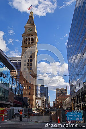 A view of the Daniels & Fisher Tower, Denver Clock Tower, as construction continues along the 16th street mall Denver, Colorado. Editorial Stock Photo