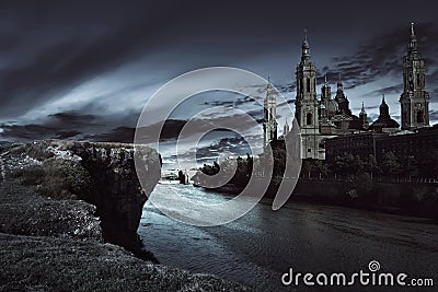 View of dark castle with dark sky Stock Photo