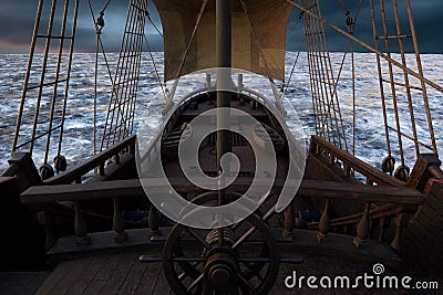 View of the deck from behind the ships wheel on an old pirate sailing ship in open sea with grey clouds. 3D rendering Cartoon Illustration