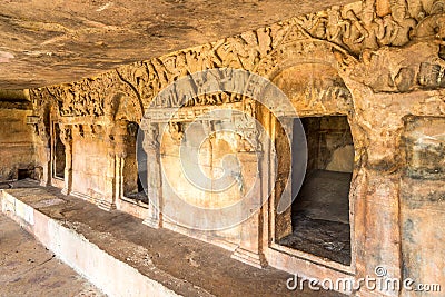View at the Decorative Corridor in Rani Gumpha caves of Udayagiri caves complex in Bhubaneswar - Odisha, India Stock Photo