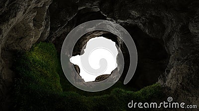 View from deep cave with grass, hole in rocky mountain, sunset. 3d render Stock Photo