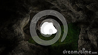 View from deep cave with grass, hole in rocky mountain, sunset. 3d render Stock Photo