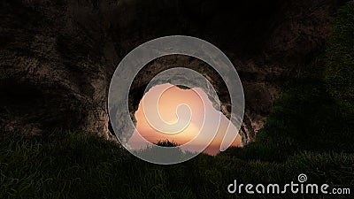 View from deep cave with grass, hole in rocky mountain, sunset. 3d render Stock Photo