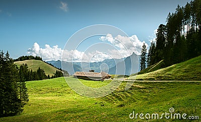 View on Dent de Broc mountain from a hiking path, Switzerland Stock Photo