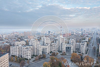 View of Derzhprom in Kharkiv. Aerial shot at autumn morning. Stock Photo