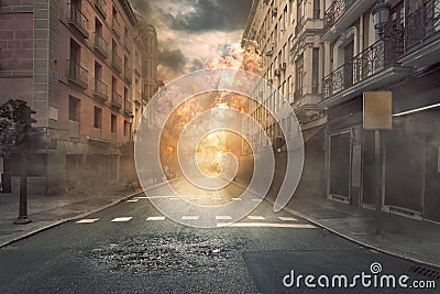 View of destruction city with fires and explosion Stock Photo