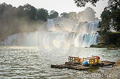 View at Detian waterfalls with bamboo raft on water Stock Photo