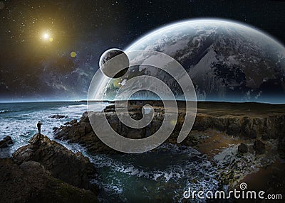 View of distant planet system from cliffs 3D rendering elements Stock Photo