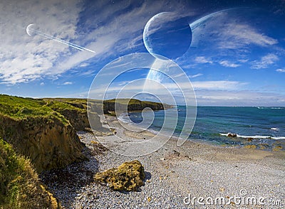 View of distant planet system from cliffs Stock Photo