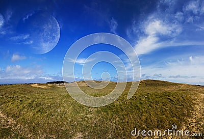 View of distant planet system from landscape Stock Photo