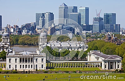View of Docklands and Royal Naval College in London. Stock Photo