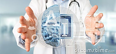 Doctor holding Artificial intelligence icon with half brain and half circuit 3d rendering Stock Photo