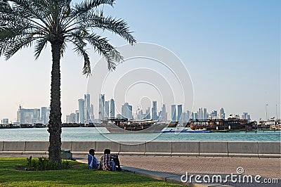 View of doha in qatar with boats and skyline Editorial Stock Photo