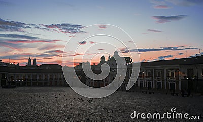 View of the domes of the La Compania church from the Plaza de San Francisco at dawn Editorial Stock Photo