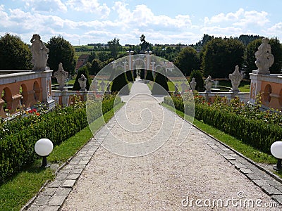 View down from castle courtyard to castle garden and gate Stock Photo