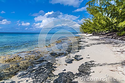 A view down a rocky shoreline on a quiet beach on the island of Eleuthera, Bahamas Stock Photo