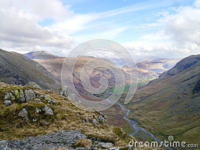 View down the Seathwaite valley, Lake District Stock Photo