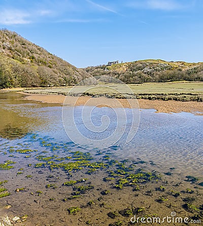 A view down a stream towards the castle ruins at Three Cliffs Bay, Gower Peninsula, Swansea, South Wales Stock Photo