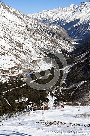 View down to the Baksan Valley from the slopes of Mount Cheget Editorial Stock Photo