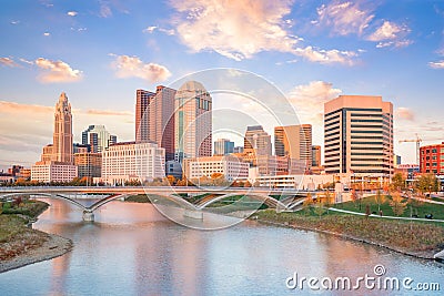 View of downtown Columbus Ohio Skyline at Sunset Stock Photo