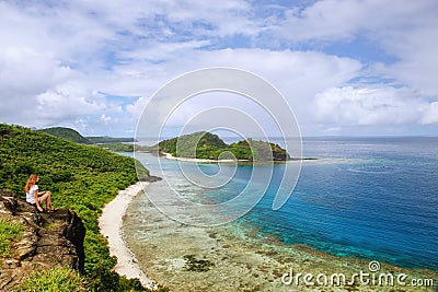 View of Drawaqa Island coastline and Nanuya Balavu Island, Yasawa Islands, Fiji Stock Photo