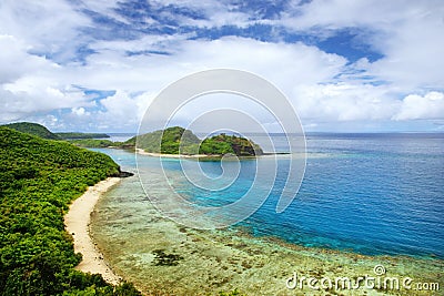 View of Drawaqa Island coastline and Nanuya Balavu Island, Yasawa Islands, Fiji Stock Photo
