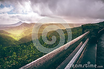 View of a dreamy tropical landscape at the MacchabÃ©e Viewpoint Mauritius Stock Photo