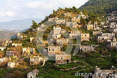 View from drone of ancient ruined settlement of Kayakoy, Turkey Stock Photo