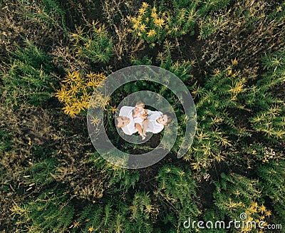View from the drone to the happy family with baby Stock Photo