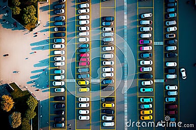 view from drone to large parking lot near shoing center, aerial view car parking Stock Photo