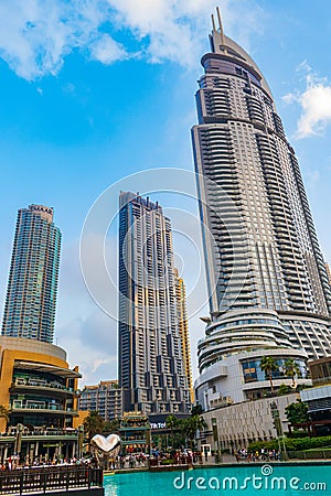 Dubai Mall and fountain promenade United Arab Emirates Editorial Stock Photo