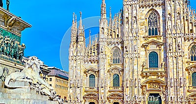 The view on Duomo and the pedestal of Statua di Vittorio Emanuele II, Milan, Italy Stock Photo