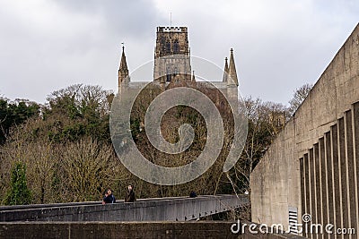 A view of Durham Cathedral from beside the Kingsgate Footbridge in the city of Durham, UK Editorial Stock Photo