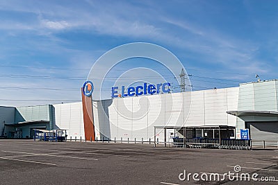 View of E.Leclerc supermarket logo and parking. Editorial Stock Photo