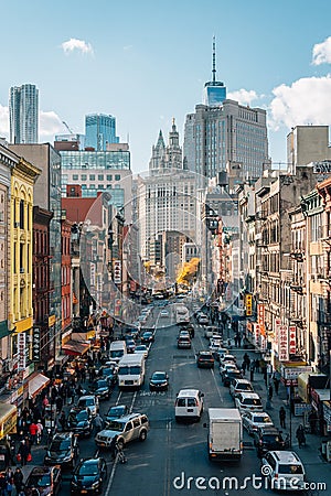 View of East Broadway from the Manhattan Bridge, in Chinatown, Manhattan, New York City Editorial Stock Photo