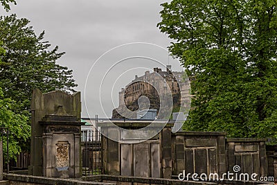 View of Edinburgh Castle from Greyfriars Kirkyard and cemetery Editorial Stock Photo